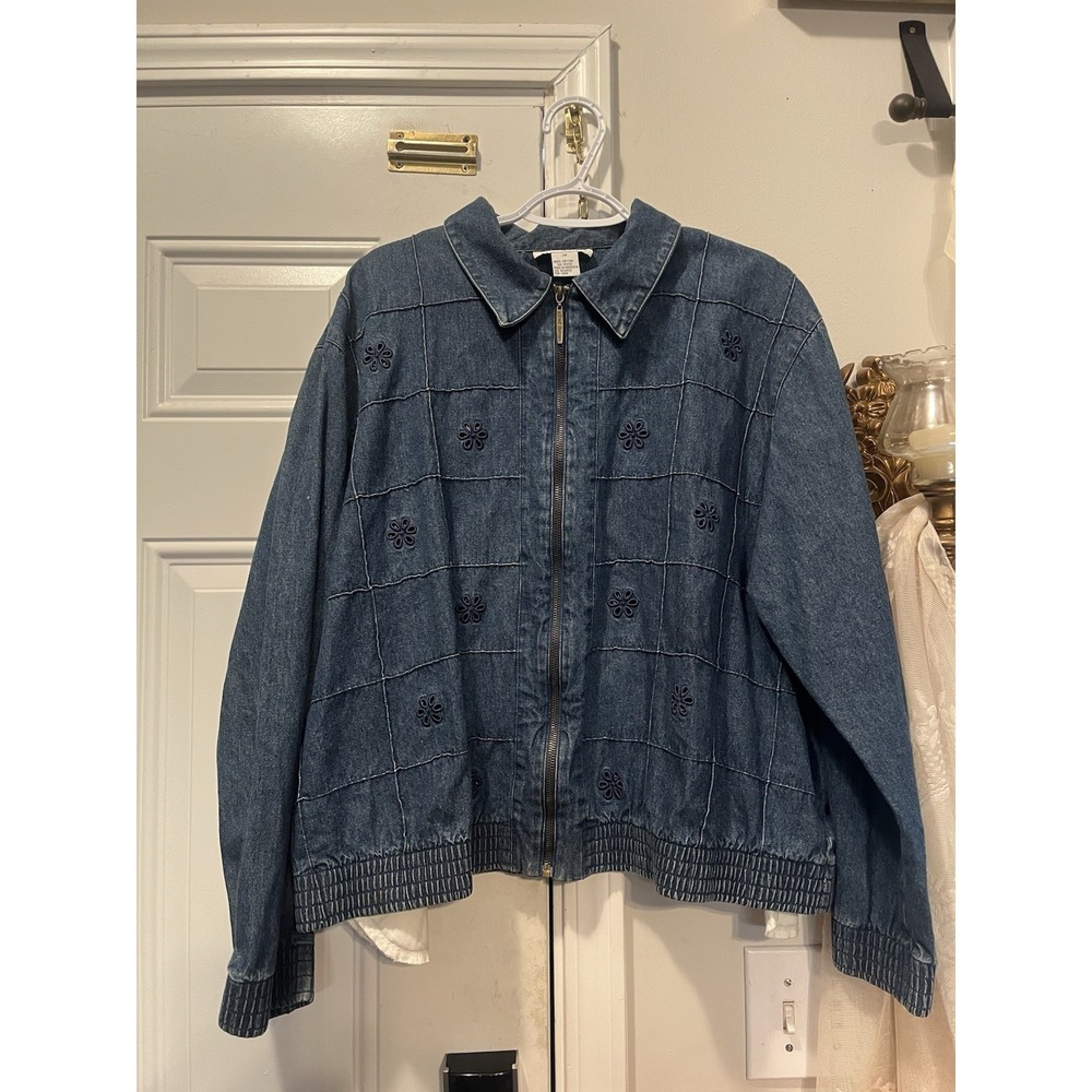 Vintage Alfred Dunner Flower Patch Cottagecore Zippered Jean Denim Jacket Sz 14